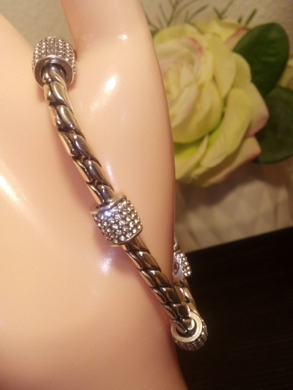 Sterling Silver Pave Bead Rope Bracelet - Silver
